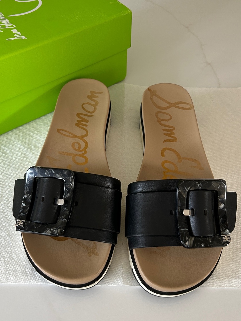 Sam Edelman Ariane Black Slide Sandals with Marbled Buckle - Picture 2 of 7